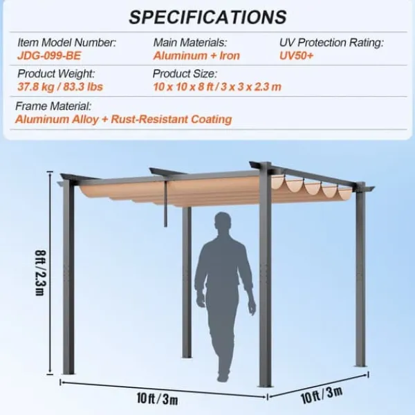 New Utfällbar pergola 10'x10' med solskyddstak i aluminium, beige, hållbar, enkel installation, perfekt för trädgård och uteplats Valvbågar, Spaljéer, Bersåer & Pergolor