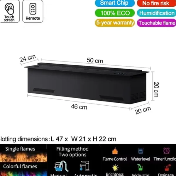 Sale Vattenånga Kamin, 3D Färgad Låga, Luftrening Funktion,500mm 19.68in, Färgglad flamfärg Öppna Spisar