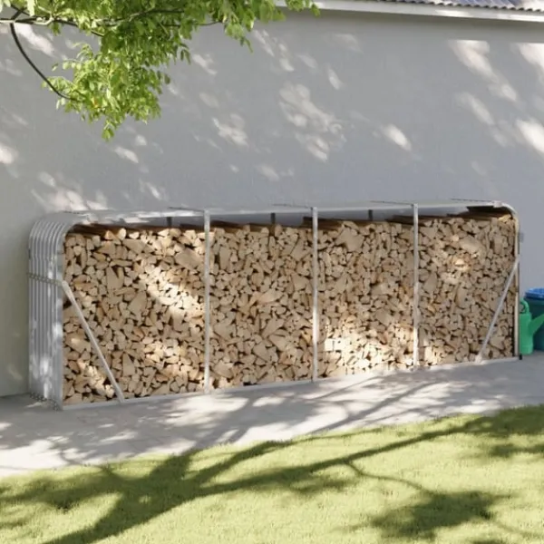 Vedhållare ljusgrå 300x45x100 cm galvaniserat stål Tillbehör Till Vedeldade Kaminer & Öppna Spisar