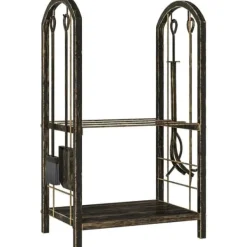 Vedställ 43×30×74 cm, 2 nivåer, med 4 eldstadsverktyg och krokar