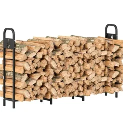 Vedställ & Vedförvaring - Utomhus Stålställ - 200×30×120 cm - Förstärkta Ben - Utskuret Lägereldsmotiv - Max 300 kg - Trädgård - Chokladbrun