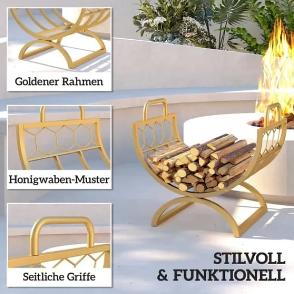 Vedställ för inomhusbruk 46×36×41 cm för spis/kamin, metall, guld