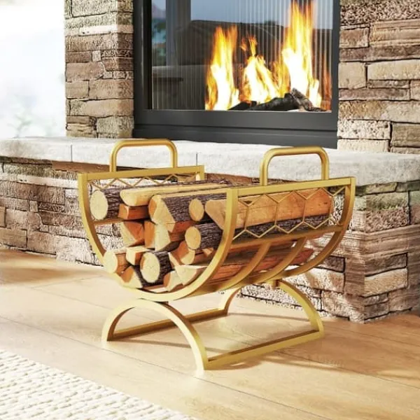 Vedställ för inomhusbruk 46×36×41 cm för spis/kamin, metall, guld