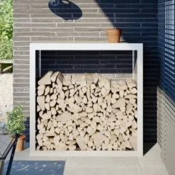 New Vedställ i stål för vedförvaring - Hållbart och väderbeständigt | Storlek: 100x40x100 cm | Färg: Vit Tillbehör Till Vedeldade Kaminer & Öppna Spisar