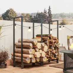 Outlet Vedställ kaminved stål svart 123x32x115 cm, 2 fack, 3 krokar, inomhus/utomhus, upp till 200 kg Tillbehör Till Vedeldade Kaminer & Öppna Spisar