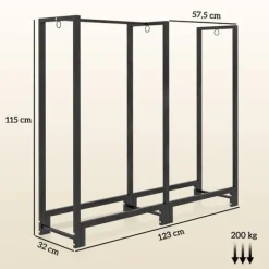 Outlet Vedställ kaminved stål svart 123x32x115 cm, 2 fack, 3 krokar, inomhus/utomhus, upp till 200 kg Tillbehör Till Vedeldade Kaminer & Öppna Spisar