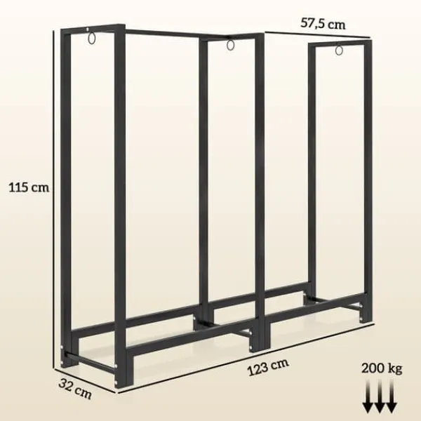 Outlet Vedställ kaminved stål svart 123x32x115 cm, 2 fack, 3 krokar, inomhus/utomhus, upp till 200 kg Tillbehör Till Vedeldade Kaminer & Öppna Spisar