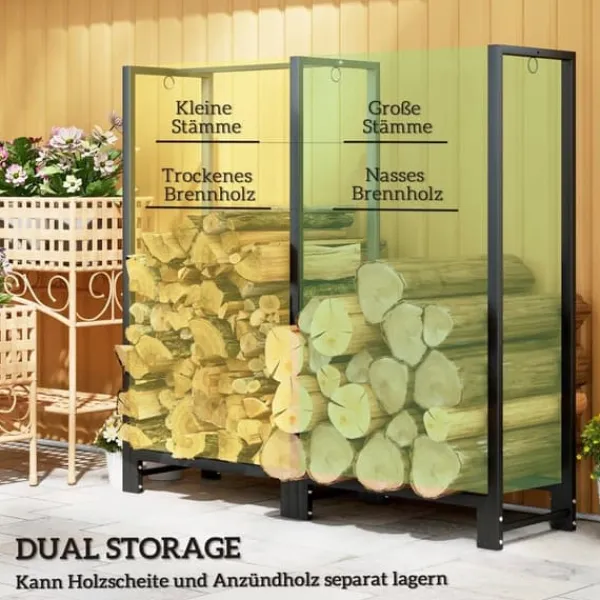 Outlet Vedställ kaminved stål svart 123x32x115 cm, 2 fack, 3 krokar, inomhus/utomhus, upp till 200 kg Tillbehör Till Vedeldade Kaminer & Öppna Spisar