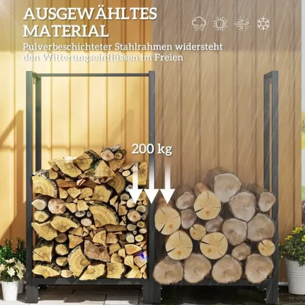 Outlet Vedställ kaminved stål svart 123x32x115 cm, 2 fack, 3 krokar, inomhus/utomhus, upp till 200 kg Tillbehör Till Vedeldade Kaminer & Öppna Spisar