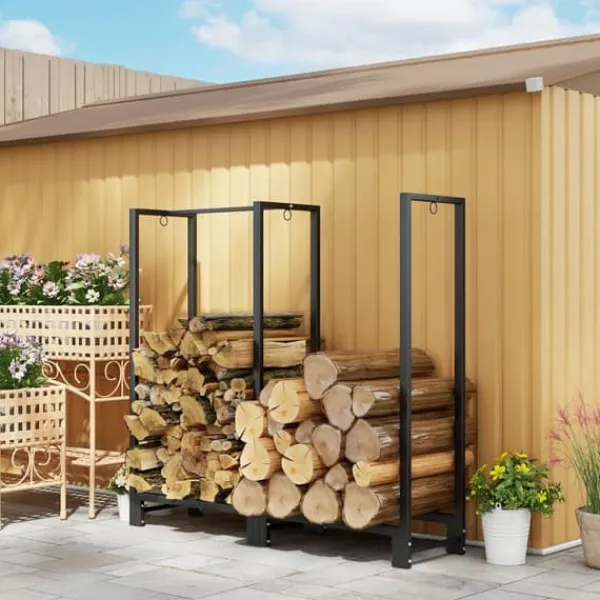Outlet Vedställ kaminved stål svart 123x32x115 cm, 2 fack, 3 krokar, inomhus/utomhus, upp till 200 kg Tillbehör Till Vedeldade Kaminer & Öppna Spisar
