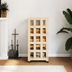 Hot Vedställ med hjul i massiv furu - Förvaring av ved | Storlek: 40x49x110 cm Tillbehör Till Vedeldade Kaminer & Öppna Spisar