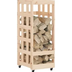 Hot Vedställ med hjul i massiv furu - Förvaring av ved | Storlek: 40x49x110 cm Tillbehör Till Vedeldade Kaminer & Öppna Spisar