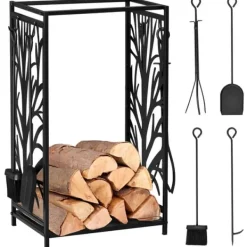 Sale Vedställ med kaminverktyg 46×30×70 cm, stål svart – mysig eldstad Tillbehör Till Vedeldade Kaminer & Öppna Spisar