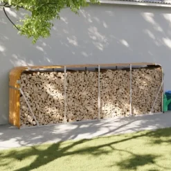 Vedställ träutseende 300x45x100 cm galvaniserat stål Tillbehör Till Vedeldade Kaminer & Öppna Spisar