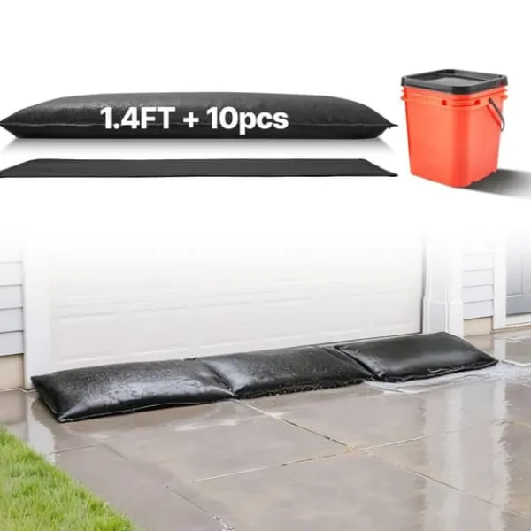 Översvämningspåsar - Sandfria sandsäckar - 10-pack - 43 x 83 cm - Vattenaktiverade - Återanvändbara - Med hink - För dörr, källare, garage