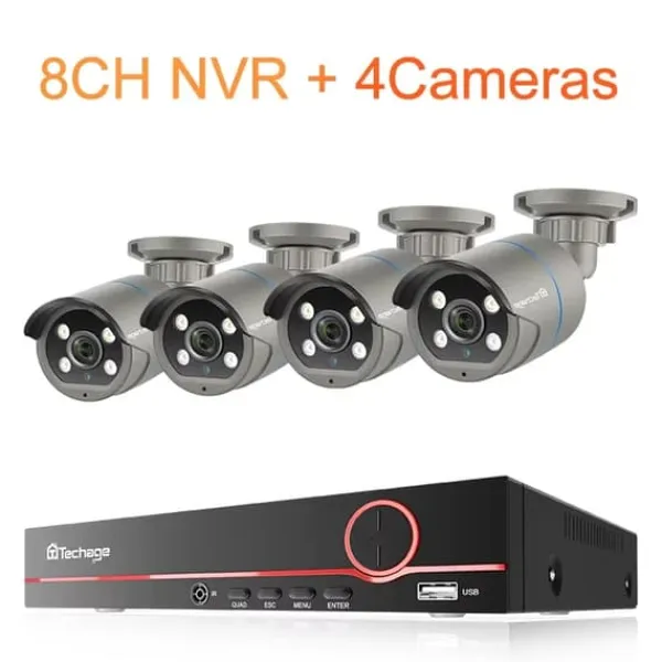 New Övervakningskamerasystem, 8CH Stöd, H.265 Kompression,4T Inbyggd HDD, 8CH NVR och 4 Kamera Säkerhetsmonitorer & Videokameror