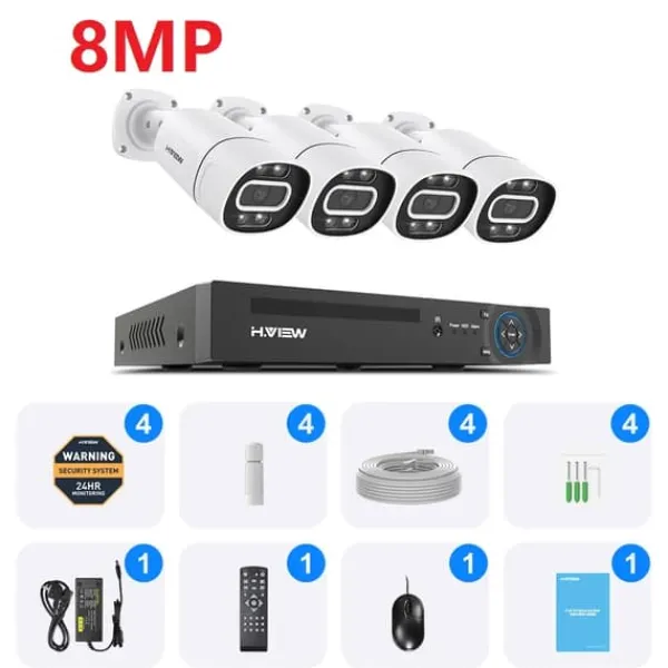 Övervakningskamerasystem, 8MP upplösning, PoE-teknik,2T, 8MP 4PCS Kamera