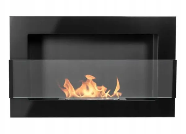 Vägghängd biokamin med glas 65x40x12 cm Flamreglering Blank svart