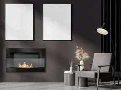 Vägghängd biokamin med glas 65x40x12 cm Flamreglering Blank svart