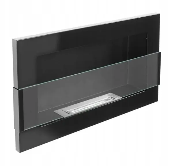Vägghängd biokamin med glas 65x40x12 cm Flamreglering Blank svart