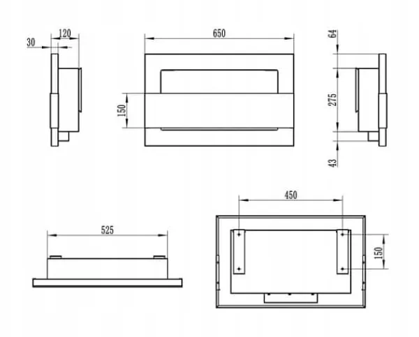 Vägghängd biokamin med glas 65x40x12 cm Flamreglering Blank svart