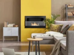 Vägghängd biokamin med glas 65x40x12 cm Flamreglering Mattsvart Vedeldade Kaminer