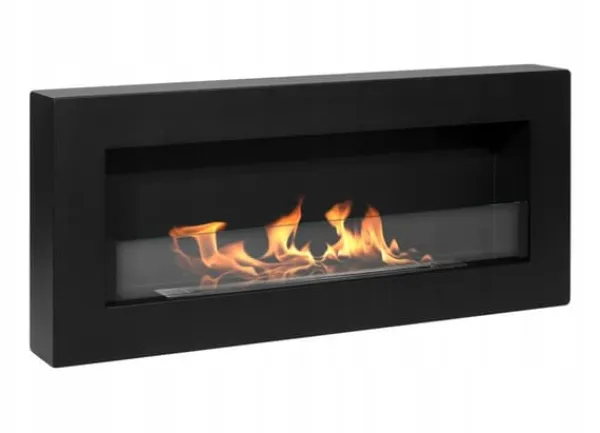Clearance Vägghängd biokamin med glas 90x40x12 cm Box Svart strukturmatt Vedeldade Kaminer