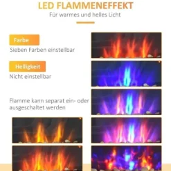 Väggkamin 1000/2000 W med LED-flammeffekt i 7 färger, fjärrkontroll, svart