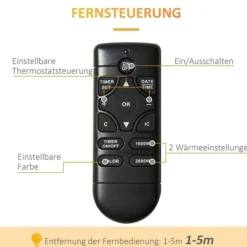 Väggkamin 1000/2000 W med LED-flammeffekt i 7 färger, fjärrkontroll, svart