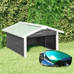 vidaXL Garage för robotgräsklippare 72x87x50 cm grå och vit granträ - Gräsklipparskydd