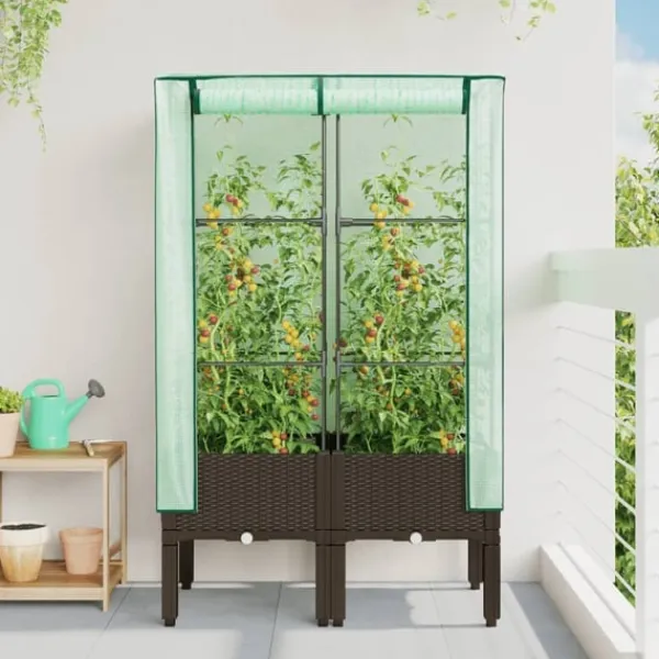Odlingslåda med växthusöverdrag rottinglook 80x40x140 cm Växthus