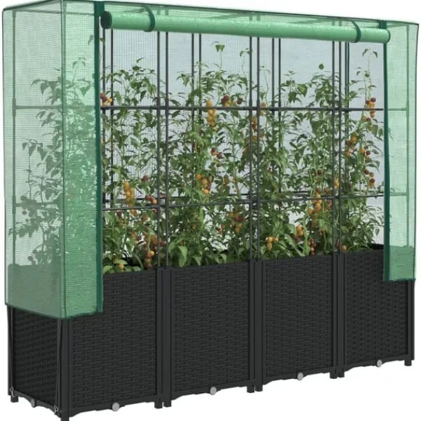 Outlet Odlingslåda med växthusöverdrag rottinglook 160x40x153 cm Växthus