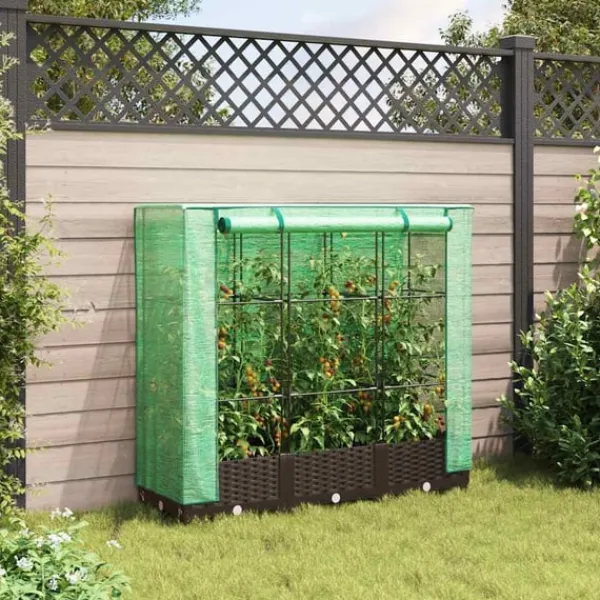 Outlet Odlingslåda med växthusöverdrag rottinglook 120x40x123 cm Växthus