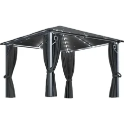 vidaXL Paviljong med gardin & ljusslinga LED 3x3 m antracit aluminium - Partytält & paviljoner