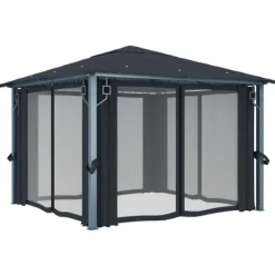 vidaXL Paviljong med gardin & ljusslinga LED 3x3 m antracit aluminium - Partytält & paviljoner