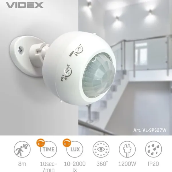 Outlet Videx infraröd rörelse- och ljussensor IP20 effekt 1200W räckvidd 8m vinkel 360° Rörelsedetektorer