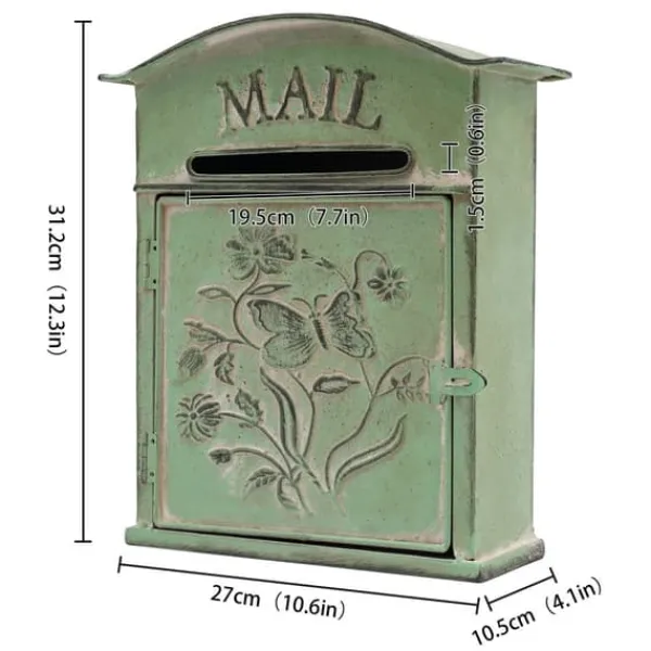 Online Vintage Brevlåda - Väggmonterad Brevlåda - För Staket - Präglad Metall - Utomhusbruk - 27×10,5×31,2 cm - Brevinkast 9,5×1,5 cm - Grön Postlådor & Brevlådor