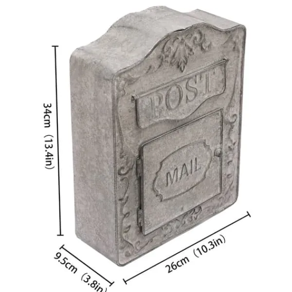 Vintage brevlåda - Väggmonterad postlåda - Vägg-/Staketmontering - Präglad metall - Utomhus - Med lock - Mått 26×9,5×34 cm - Grå