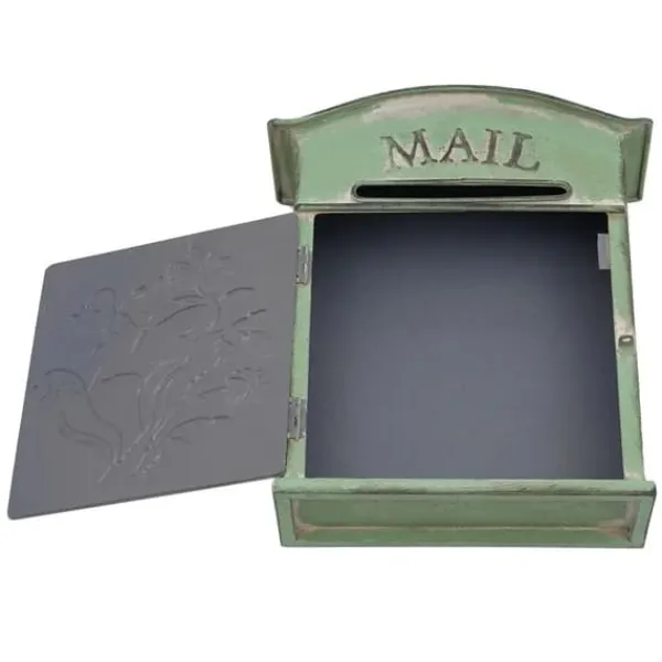 Vintage utomhusbrevlåda - Väggmonterad - Metall - Fjäril- & blommönster - Rustik - Brevinkast 19,5×1,5 cm - 27×10,5×31,2 cm - Militärgrön