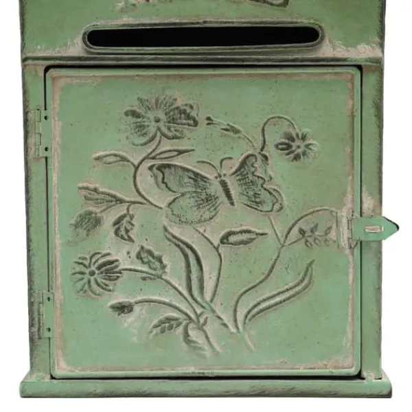Vintage utomhusbrevlåda - Väggmonterad - Metall - Fjäril- & blommönster - Rustik - Brevinkast 19,5×1,5 cm - 27×10,5×31,2 cm - Militärgrön