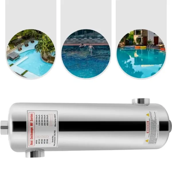 Värmeväxlare för pool i rostfritt stål, 60 kW, SPA-termostatvärmare, cirkulationsuppvärmning, silver
