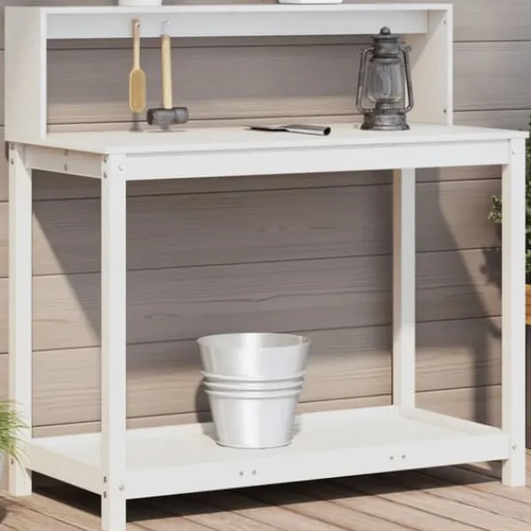 Växtbord med hyllor i massiv furu - Planteringsbord | Färg: Vit | Storlek: 108x50x109,5 cm