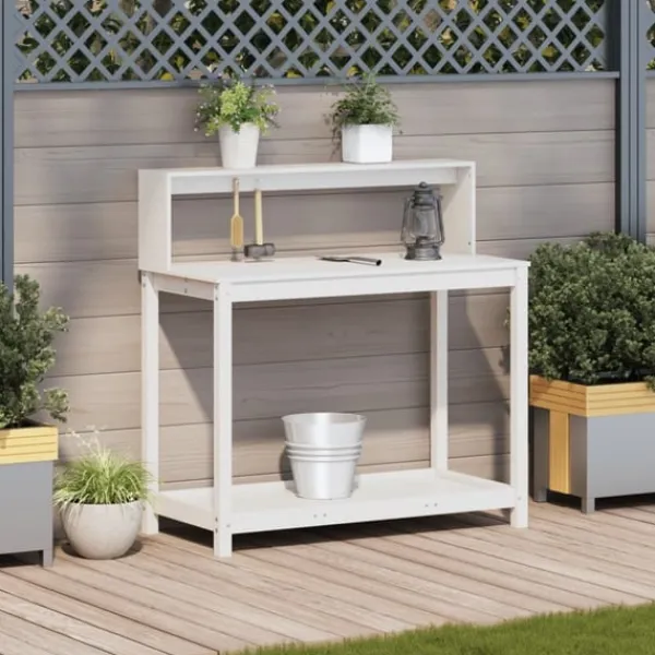 New Växtbord med hyllor vit 108x50x109,5 cm massiv furu Planteringsbänkar