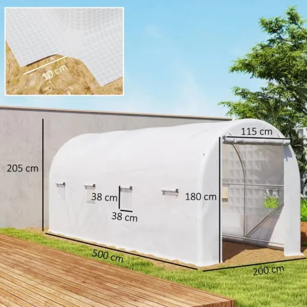 Växthustunnel - Foliedrivhus - 500x200x205 cm - Rullbar dörr - 8 fönster - Vit Växthus