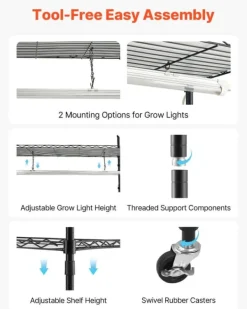 Växthylla med odlingslampa/växtlampa - 6-vånings växtställ - 180 cm Högt - LED 150 W 3800 K Fullspektrum - Hjul - Timer - För inomhusväxter