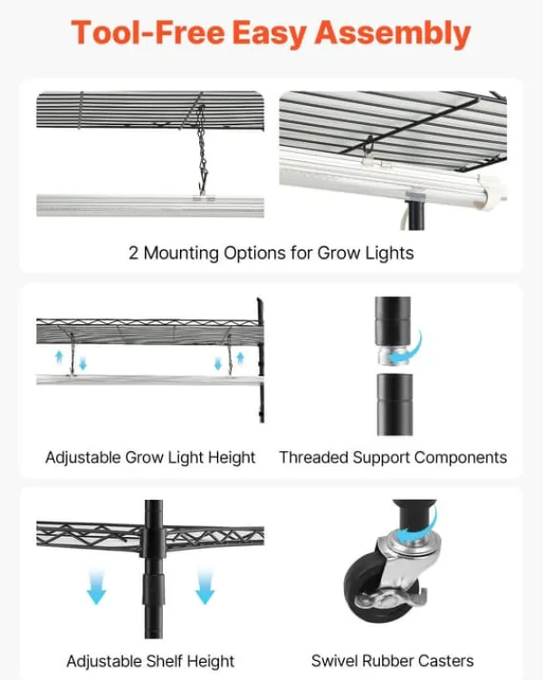 Växthylla med odlingslampa/växtlampa - 6-vånings växtställ - 180 cm Högt - LED 150 W 3800 K Fullspektrum - Hjul - Timer - För inomhusväxter
