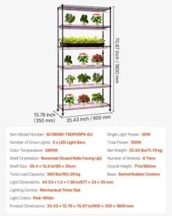 Växthylla med odlingslampa/växtlampa - 6-vånings växtställ - 180 cm Högt - LED 150 W 3800 K Fullspektrum - Hjul - Timer - För inomhusväxter
