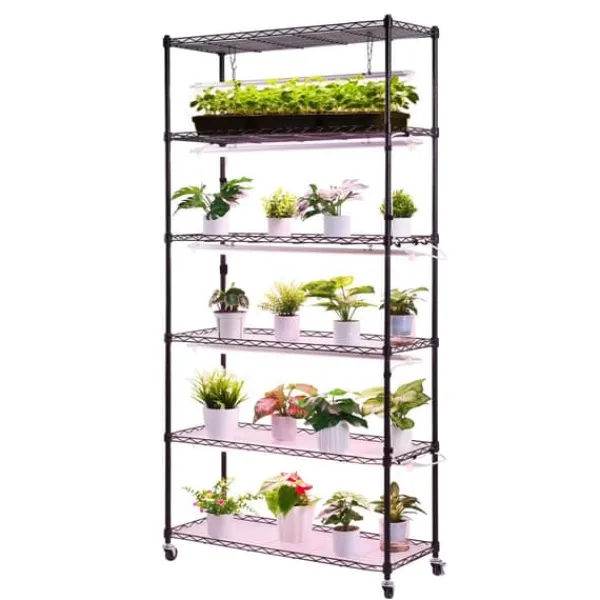Växthylla med odlingslampa/växtlampa - 6-vånings växtställ - 180 cm Högt - LED 150 W 3800 K Fullspektrum - Hjul - Timer - För inomhusväxter