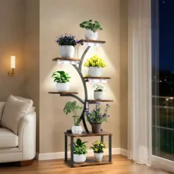 Växtställ & Blomhylla - Hörnmodell i trä - Trädform - 7 Hyllplan - 151 cm - Med LED-belysning - Inomhus - Grå Växtställ