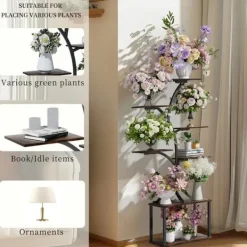 Växtställ & Blomhylla - Hörnmodell i trä - Trädform - 7 Hyllplan - 151 cm - Med LED-belysning - Inomhus - Grå Växtställ